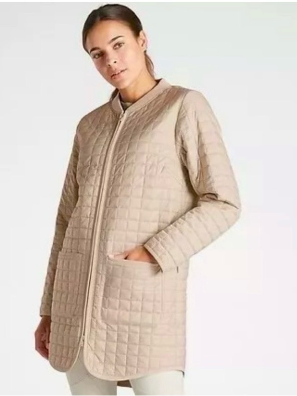 Athleta Quilted Longline Jacket in Beige Grandview Primaloft